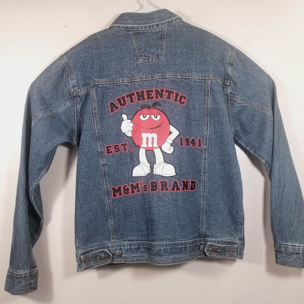 M&M's Denim Trucker Jacket Men Small Blue Jean Embroidered Streetwear Cotton